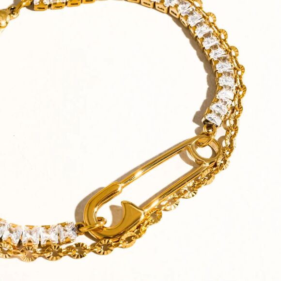 Acacia 18K Gold Non Tarnish Hypoallergenic Water Restnt Rhinestone Clip Bracelet - Picture 3 of 5